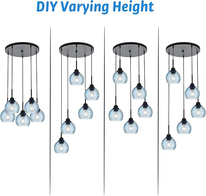 5 Light Cluster Pendant Lighting with Striped Swirl Globe Glass Blue Pendant Light for Kitchen Island, Modern Dining Room Light Fixtures Over Table Hanging Ceiling Light, E26 Base