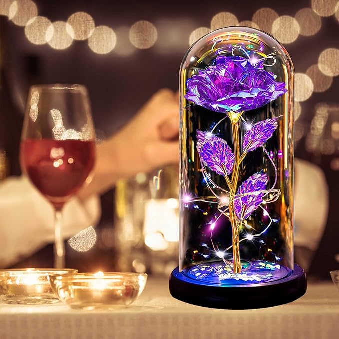Christmas Rose Gifts for Women Mom, Womens Gifts for Christmas, Glass Flower Gifts for Sister, Rose Enchanted Crystal Flower Gift Light Up in Glass Dome,Birthday Gift for Women Wife Purple