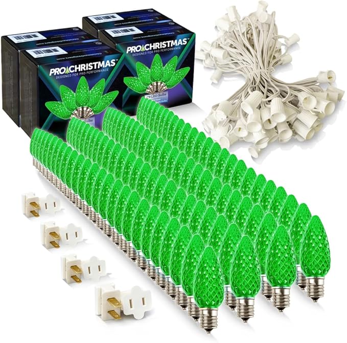 Pro Christmas C9 LED Christmas Light Kit for Rooflines & Pathways – DIY Cut to Length, Outdoor Commercial Grade (White Wire w/Vampire Plugs, 100 Bulbs, 100 ft) Green