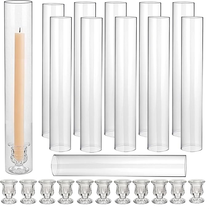 CHILL RECIPE Glass Hurricane Candlestick Holders Clear 14" Tall Cylinder Candle Holder Chimney Tube, Floral Taper Crystal Candle Stick Holder for Birthday Wedding Christmas Home Decor(2 Set 12Pcs)