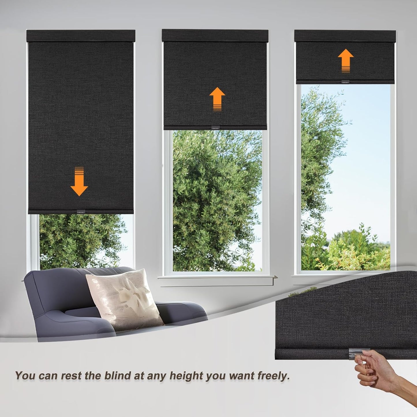 Persilux Free-Stop Cordless Blinds for Indoor Windows with Cover, Window Shades Blackout Roller Blinds, Thermal Insulated Fabric UV Protection for Kitchen, Office, Living Room, Black(35" W x 84" H)