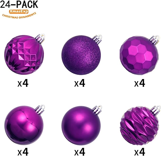 XmasExp 2.36" Purple Christmas Ball Ornaments (24ct, Shatterproof, Plastic, Hanging, Christmas)