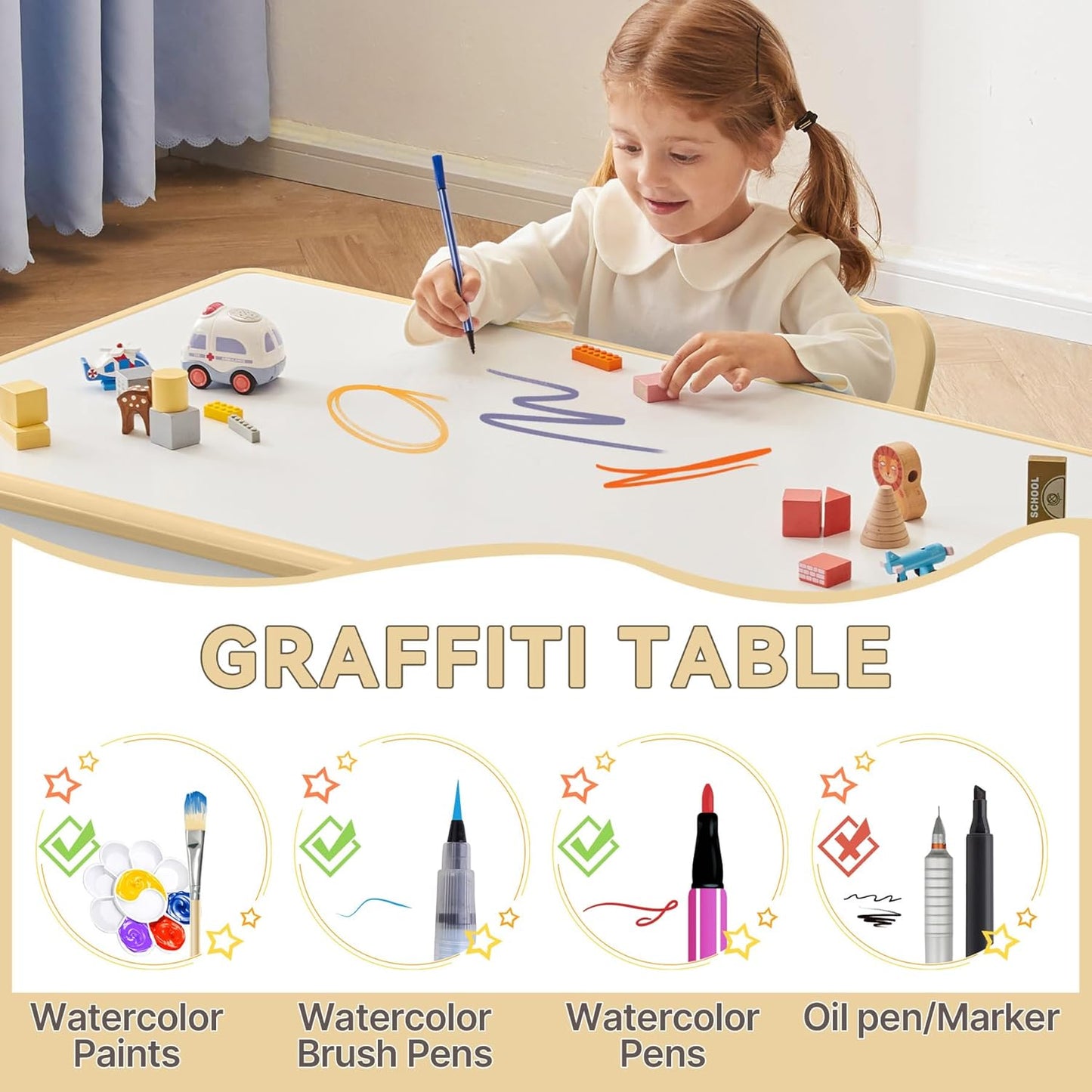 Kids Study Table and Chairs Set, Height Adjustable Toddler Table and Chair Set for Kids Ages 3-8, Graffiti Desktop (Light Brown)