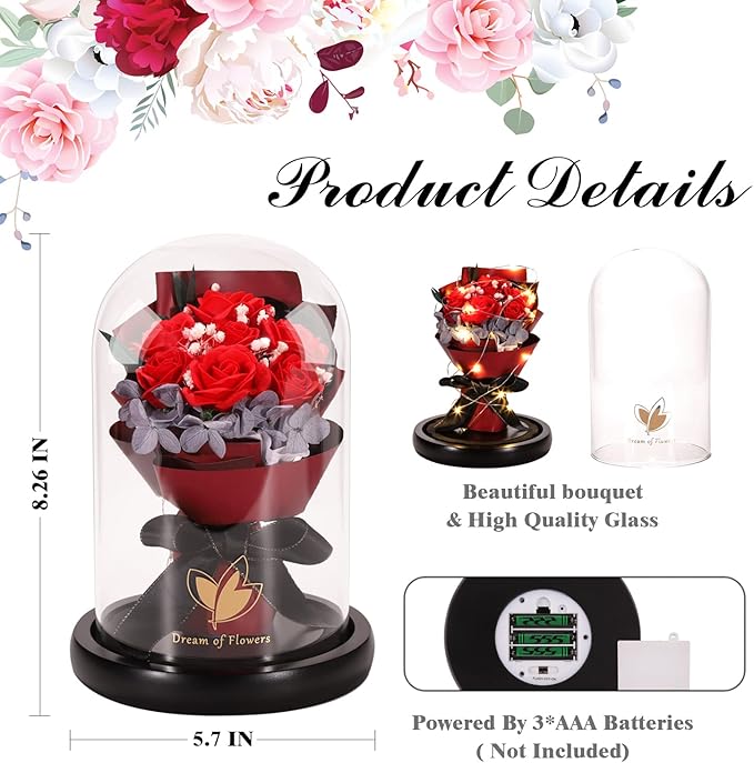 Christmas Rose Gifts for Women Birthday Gifts,Beauty and the Beast Rose in Glass Dome with 2 Light Modes, Enchanted rose Flower Roses Bouquets Christmas Women Gifts for Mom Wife Girlfriend Sister