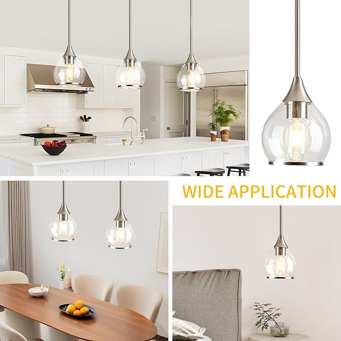 1-Piece Brushed Nickel Island Light for Kitchen, 1-Light Brushed Nickel Hanging Pendant Light with Clear Round Glass Shade for Dining Room,Bedroom