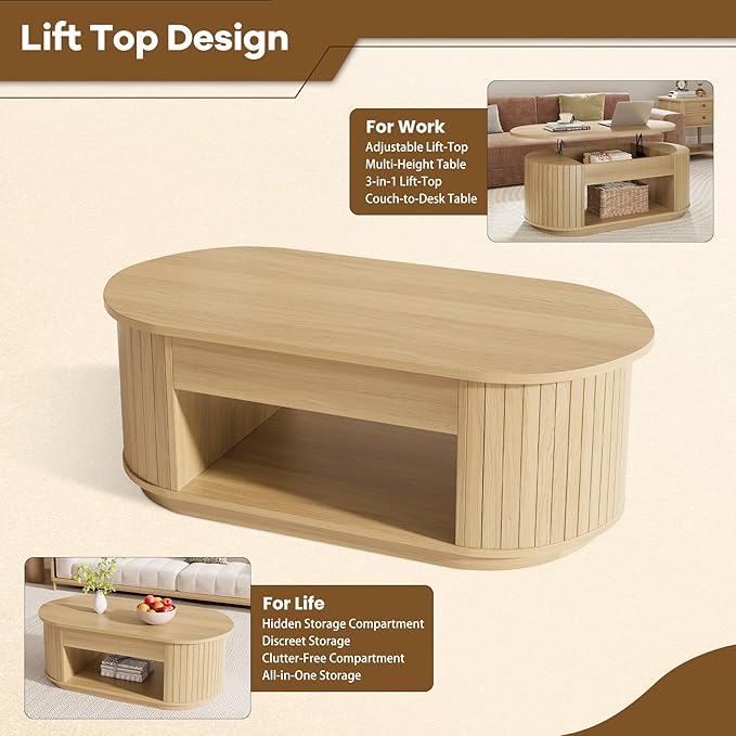 Oval Lift Coffee Table, 43 Inch Lift Top Coffee Table with Storage for Living Room, 2-Tier Rustic Lift Up Tabletop Mid Century Center Tables with Hidden Compartment for Apartment, Light Oak Brown