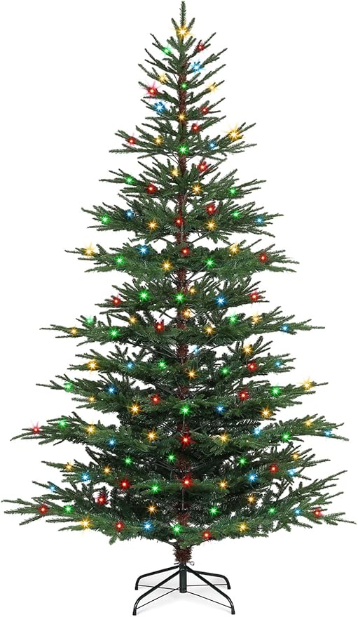 7 FT Pre-Lit Artificial Christmas Tree with 300 Dual-Color LEDs & Timer, 678 Realistic Branch Tips, Metal Stand for Holiday Home Christmas Decorations