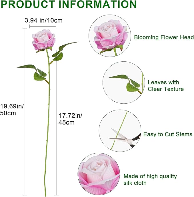 Artificial Flowers Roses Touch Fake Rose Bouquet Flower Stem Fo Wedding Centerpieces DIY Wreath Home Decorations Silk Roses Fo Mothers Party Fake Outdoor Flowers Decor 19.6"(Deep Pink 50PCS)