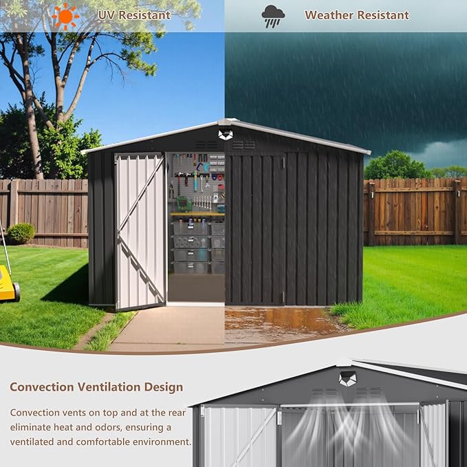 10x8 FT Outdoor Storage Shed, Metal Sheds & Outdoor Storage, Waterproof Sheds with Lockable Doors for Backyard (Black, with Window)