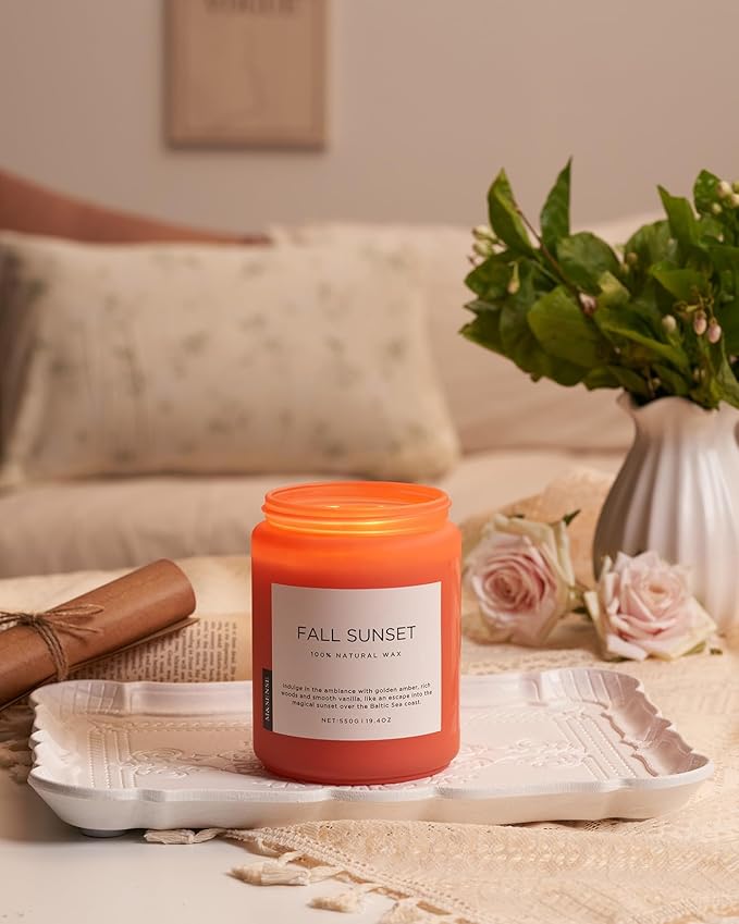 M&SENSE Fall Sunset Amber Scented 19.4oz 110 Hours Long Lasting Slow Burning Candle for Housewarming, Large Natural Soy Organic Relaxing Aromatherapy Candle Gifts for Women Men
