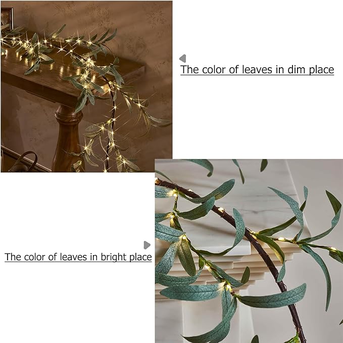 Hairui Lighted Artificial Olive Garland 6FT 96 LED Fairy Lights Battery Operated, Faux Vine Lights with Timer for Spring Christmas Holiday Fireplace Décor