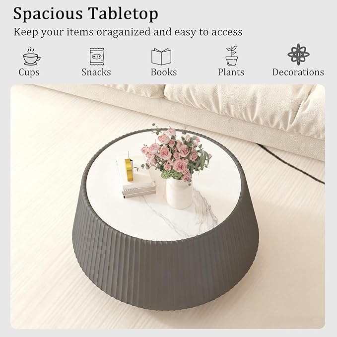 Round Living Room Table Set, 26.77" Grey Drum Center Table and 19.68" White Coffee Table Set, 2 Pieces Coffee Table Set with Sintered Stone Tabletop, Fluted PU Leather Covered and StableBase