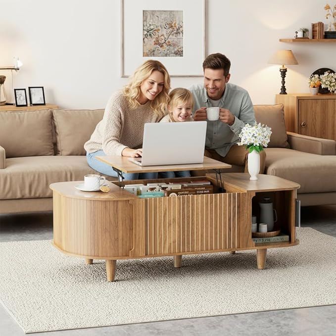 Oval Lift Top Coffee Table, Mid Century Modern Center Table with 3 Hidden Compartment, Coffee Tables with Storage Open Shelf and Sliding Cabinet Door for Home Living Room Office (Walnut)