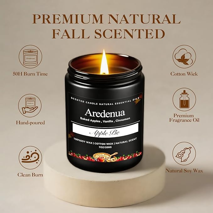 Apple Pie Candle – Apple Candles for Christmas, Holiday Winter Scented Candles with Warm Cinnamon & Baked Apple Aroma for Christmas Home Décor, Cozy Seasonal Candle Gift for Women & Men