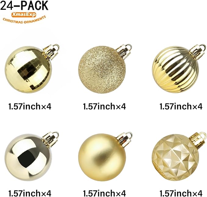 XmasExp 24ct Christmas Ornaments Shatterproof Christmas Ball Ornaments Set Decorations for Xmas Tree Balls 40mm/1.57" (1.57'', Gold)