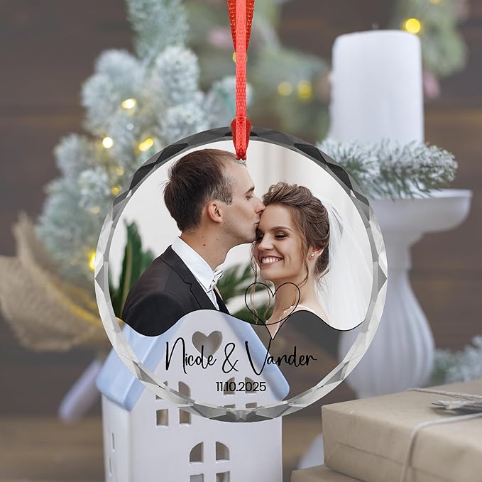 Heart Line Couple Ornament – Custom Photo, Names & Date – Acrylic or Glass Personalized Wedding Ornament – Engagement Keepsake Gift