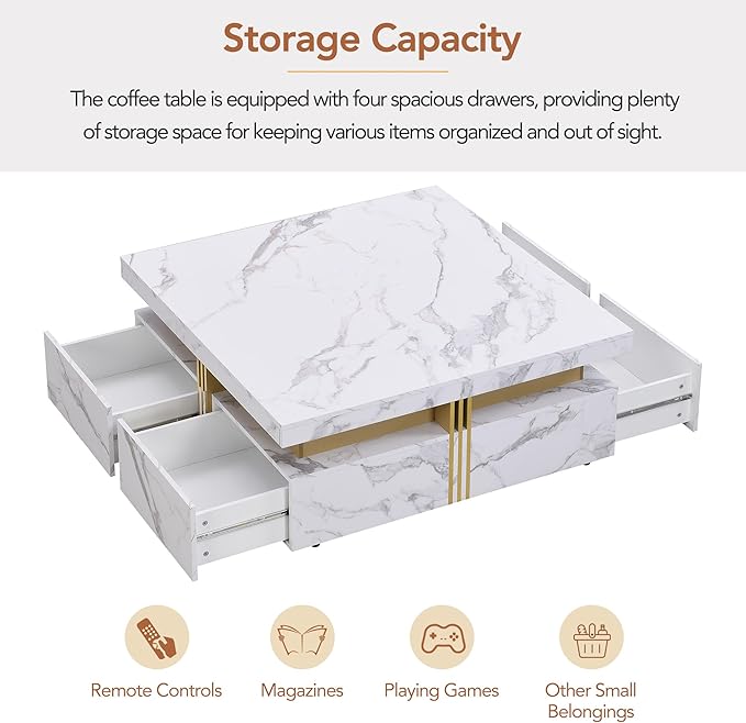 Merax 43.3" Modern Square Storage Coffee Table with 4 Drawers, with Marbling Gold Accents, Functional Center Tables for Living Room Apartment, White