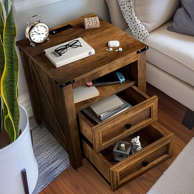 MUUEGM Farmhouse Nightstand with Charging Station, End Tables for Living Room, 18 Inch Bedside Table Side Table with Drawers and Storage Cabinet, Nightstand for Bedroom, Brown, Set of 1