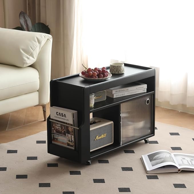 Solid Wood Side Table with Wheels, Narrow Side Table with Storage, Rolling Bedside Table for Bedroom Living Room Dining Room(Black, 27.95" D x 11.42" W x 19.88" H)
