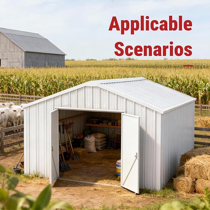 12x20FT Outdoor Metal Storage Shed, Galvanized Steel Portable Building with Double Swing Doors, Heavy-Duty Carport for Tools, Motorcycle, Equipment Storage