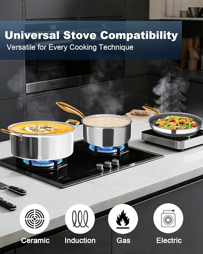 FogDream 5pcs Stainless Steel Cookware, Tri Ply Pots And Pans Set, Non Stick Frying Pans, Cool Handles, Dishwasher Safe, Induction Compatible, Silver (rose gold)