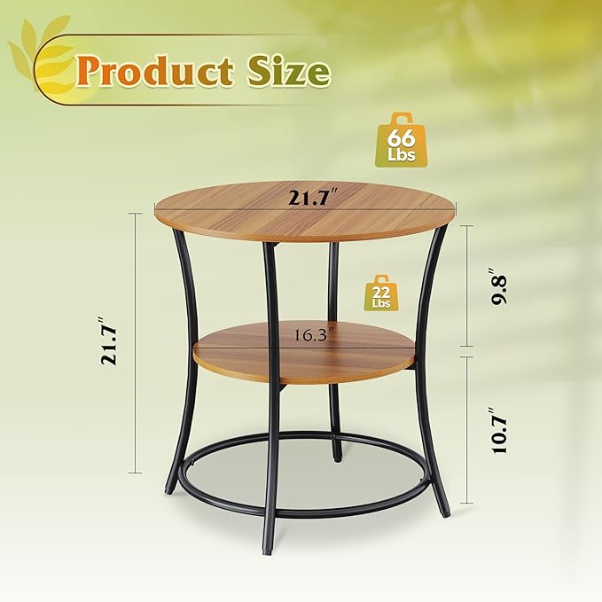 WLIVE Side Table, Round End Table with 2 Storage Shelves for Living Room, Bedroom, Nightstand with Steel Frame for Small Spaces, Accent Coffee Table, Rustic Walnut
