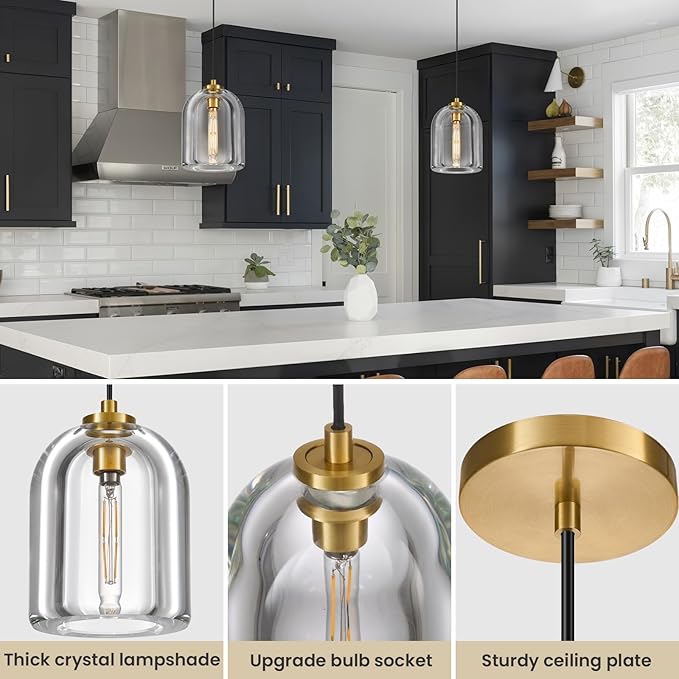 Crystal Pendant Light Kitchen Island: 2 Pack Gold K9 Crystals Lights - 5.1" Dimmable Contemporary Cylinder Light above Dining Table - Modern Ceiling Hanging Lighting for Bedroom E12 Bulbs Included