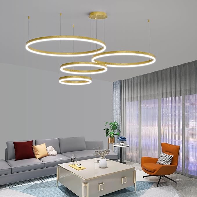 Modern LED Chandelier Light, 4 Ring Gold Pendant Lighting Fixture, Adjustable Hanging Ceiling Lamp for Dining Room, Kitchen Island, Entryway, Living Room, Dimmable Dining Light Over Table