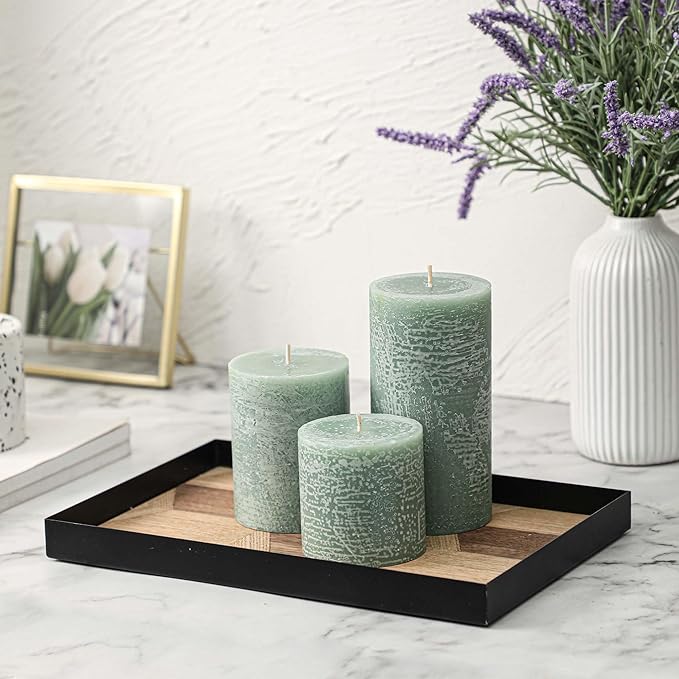 3x4 Inch Sage Green Pillar Candles - Set of 3, Unscented, Long Burning, Smokeless Dripless Candles for Spring Home Decor, Dinner Table, Bathroom, Rustic Decor