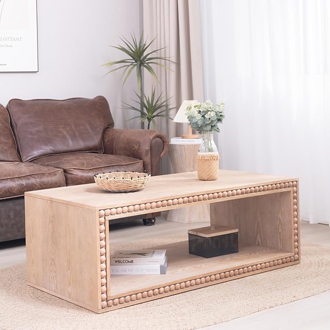 Rectangular Coffee Table with Real Wood Beads, Rustic Wooden Center Table with Open Storage Shelf, Farmhouse Tea Table for Living Room Apartment Office,47.6" L x 23.7" W x 17" H
