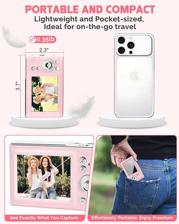Digital Camera, 48MP FHD 1080P Point and Shoot Camera with 16x Zoom, Anti Shake Compact Portable Camera for Photography with 32GB Card, Autofocus Camara for Kids, Beginners, Teens, Pink
