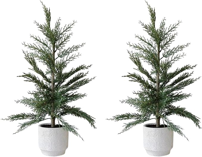CG Hunter Holiday Collection, Set-of-2 Faux Evergreen Cedar Trees, Premium Artificial Indoor & Outdoor Cedar Tree Stands 24" Tall in Creme Pot–Perfect Christmas Decoration