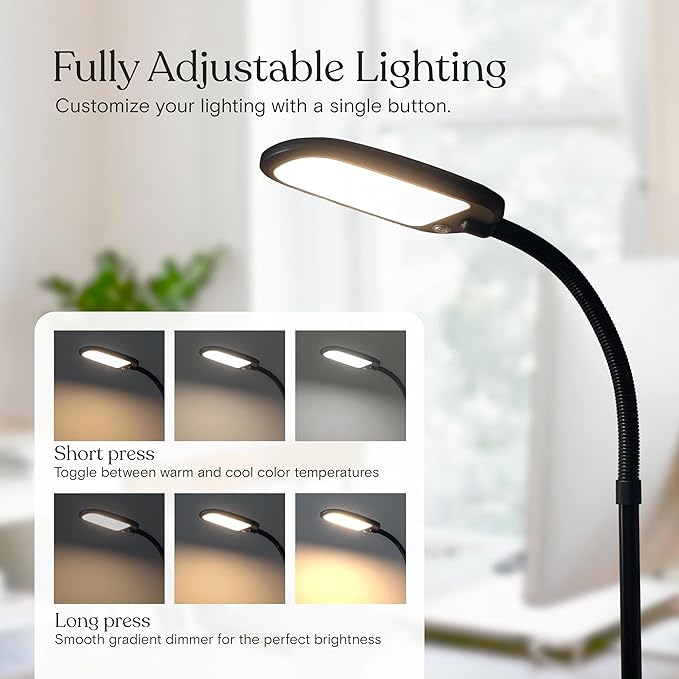 Brightech Litespan Slim LED Floor Reading Lamp - Modern Tall Lamp with Adjustable Gooseneck for Living Rooms & Offices - Dimmable Crafts Work Light - Brown
