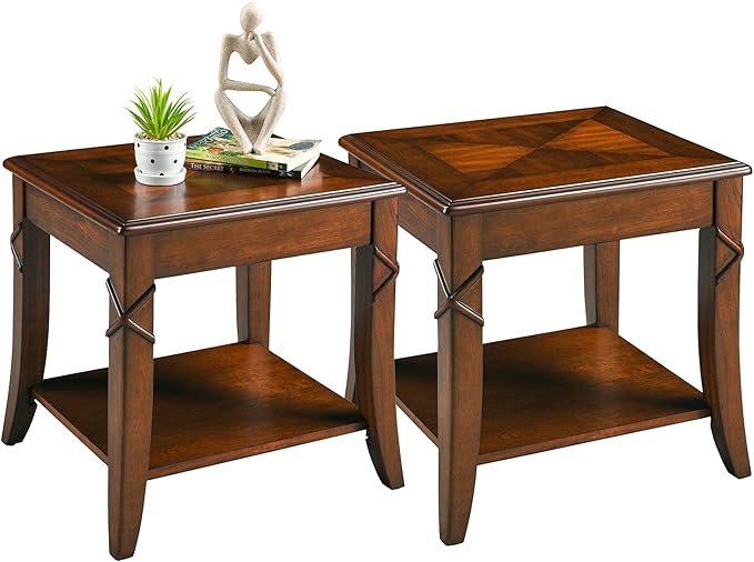 2-Set Solid Wood Side Table with Storage Shelf, Cherry Wood End Tables Living Room, Traditional Style End Table, Vintage Beside Table with Curved Legs for Apartment, Cherry Walnut Accent Table