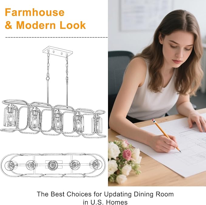40" Dining Room Light Fixture/Chandelier Over Table, 5-Light Black Kitchen Island Lighting with Clear Glass Shade Farmhouse Linear Hanging Pendant Lights Fixture for Kitchen Island Dining Room‌ Bar