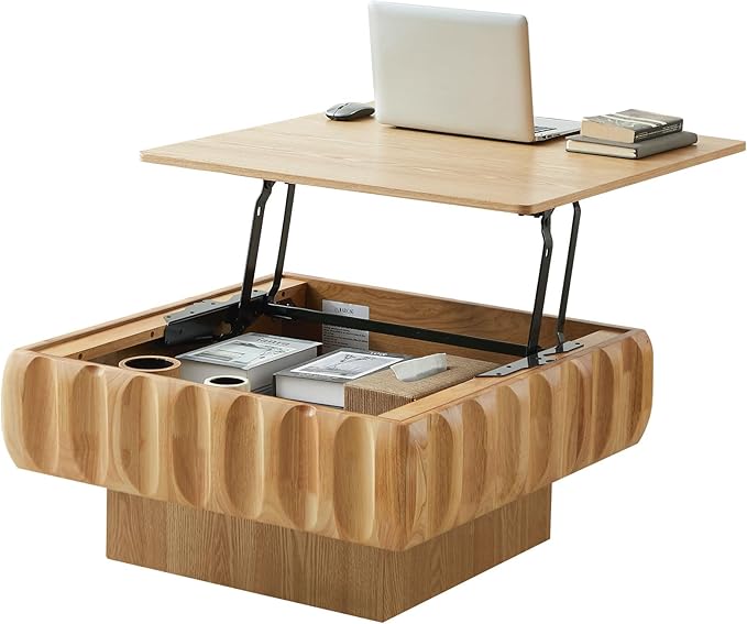 LKTART 31" Lift Top Coffee Table for Living Room, Fluted Coffee Table with Hidden Storage, Mid Century Modern Solid Wood Veneer Square Center Table for Office Apartment Small Space, Natural