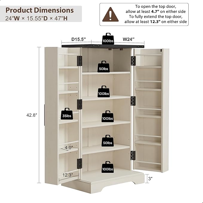ACCOHOHO 47" Kitchen Pantry, Farmhouse Storage Cabinet with Barn Doors, Organizer and Adjustable Shelves, Rustic Wood Cupboard for Kitchen, Dining Room, Bathroom and Hallway, Off White