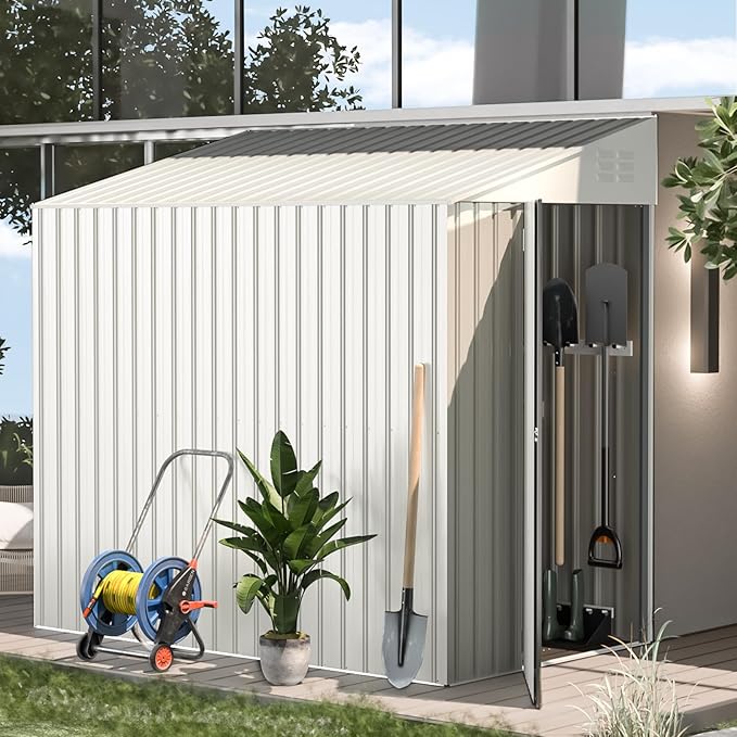 AECOJOY Shed Outdoor Lean to Storage Shed, 4.2' x 7' Small Metal Wall Side Door Sheds & Outdoor Storage, Outdoor Storage Cabinet for Garden, Backyard and Outdoor Use in White