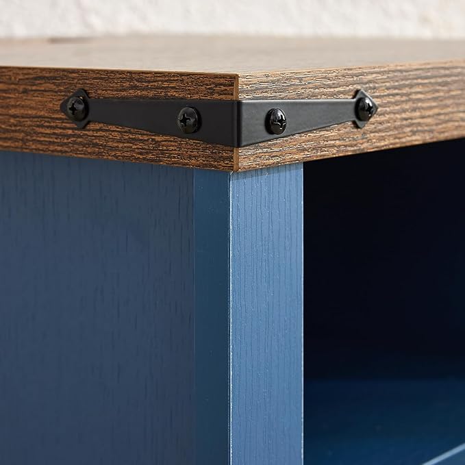 Navy Blue Farmhouse Nightstand Set of 2, Rustic End Table with Barn Door and Shelf, Bedside Table with Charging Station for Living Room, Bedroom