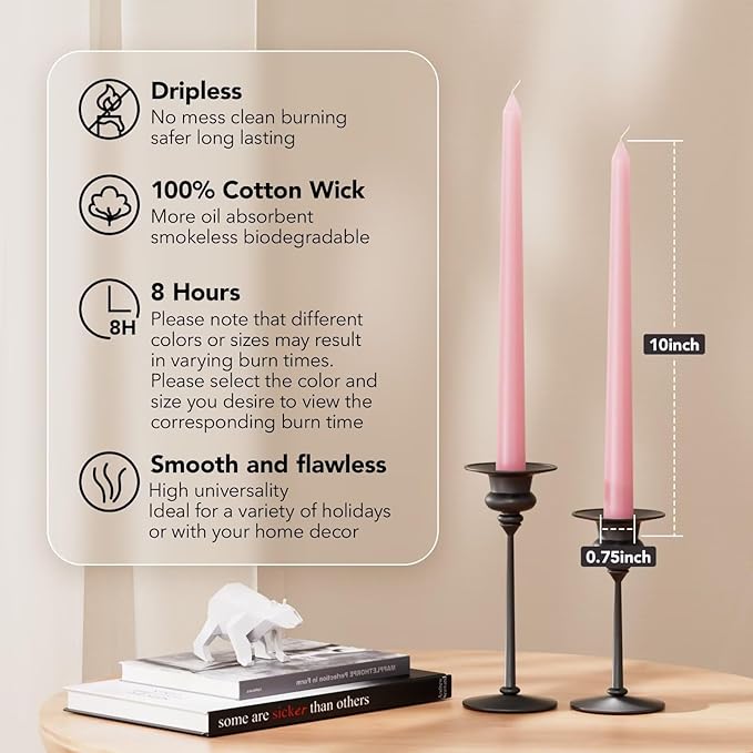10-Inch Tall Dripless Taper Candles Set of 4 - Pink Tapered Candles, Perfect for Spring - Smokeless, Unscented, Long Burning - Hand Poured, Colored Tall Candlesticks - Light Pink
