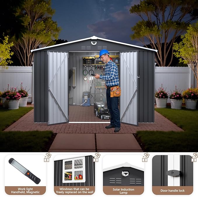 10x12 FT Outdoor Storage Shed, Metal Sheds & Outdoor Storage, Waterproof Sheds with Lockable Doors for Backyard (Black, Lighting Window)