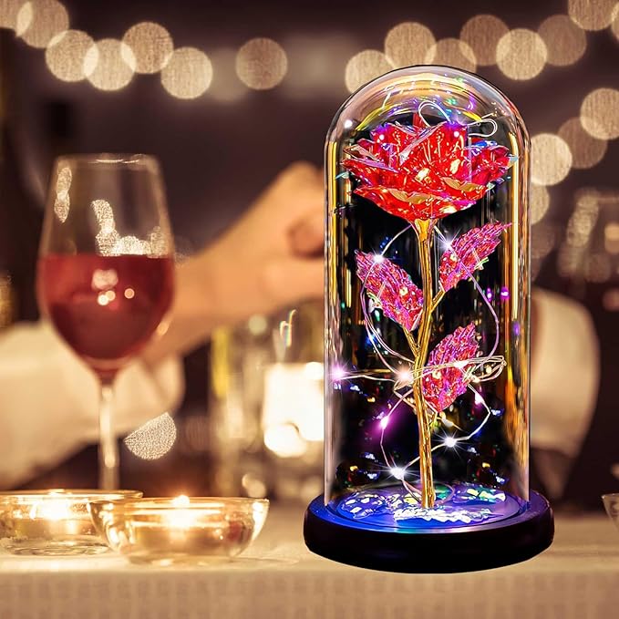 Christmas Rose Gifts for Women Mom, Womens Gifts for Christmas, Glass Flower Gifts for Sister, Rose Enchanted Crystal Flower Gift Light Up in Glass Dome,Birthday Gift for Women Wife Red