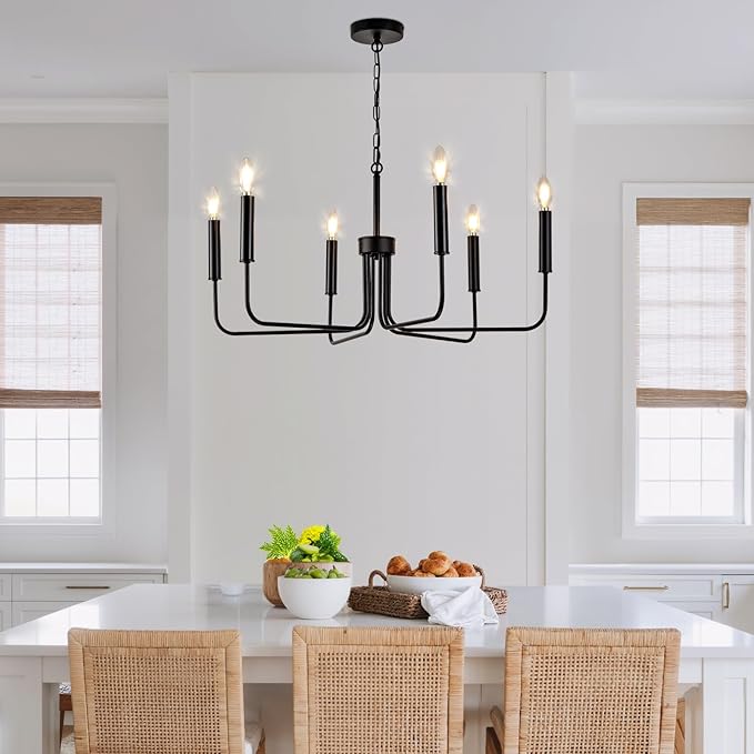 Farmhouse Candle Chandelier, 6 Light Rustic Black Ceiling Pendant Light Fixture, L-Arm Design Industrial Dining Room Hanging Lighting for Living Room, Entryway, Foyer, Kitchen Island