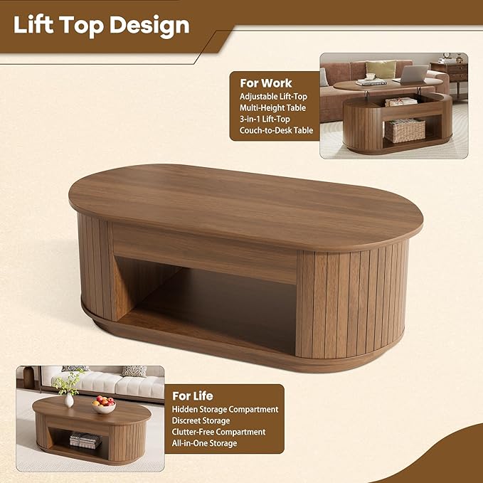 Lift Top Coffee Table, Oval Fluted Coffee Table with Storage for Living Room, Mid Century Modern Wooden Center Tables with 2 Tier Shelf, 43 Inch Tea Table Hidden Compartment for Home Office, Walnut