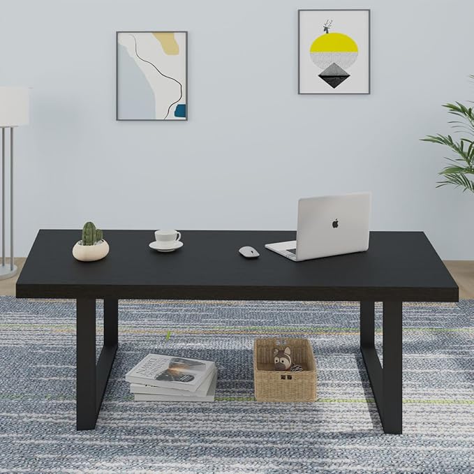 IBF Modern Black Coffee Table, Minimalist Industrial Wooden Center Table, Simple Farmhouse Rectangle Living Room Table, Wood and Metal Cocktail Coffee Table for Home Bedroom Office, Black Oak, 47 Inch