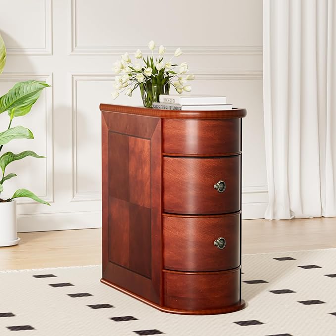 ROOMTEC Solid Wood End Table,Narrow Side Table with 2 Drawers,No Assembly, Finished Back,Vintage Wood Narrow Sofa Side Table for Living Room Bedroom