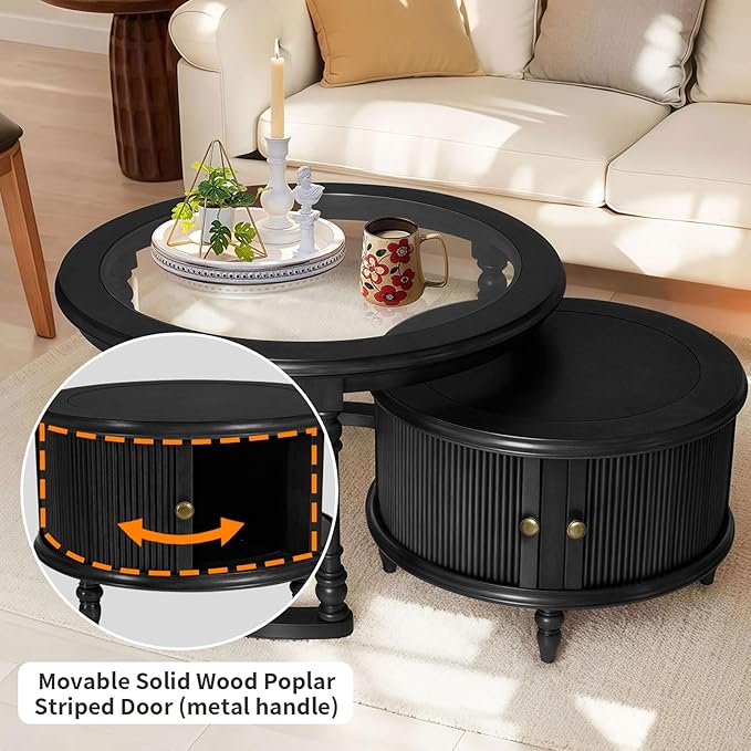 LKTART Nesting Coffee Table for Living Room, Round Tempered Glass Solid Wood Nest Coffee Tables with Storage, Retro Small Accent Center Table for Small Space Apartment (31.5''D×18''H-Balck)