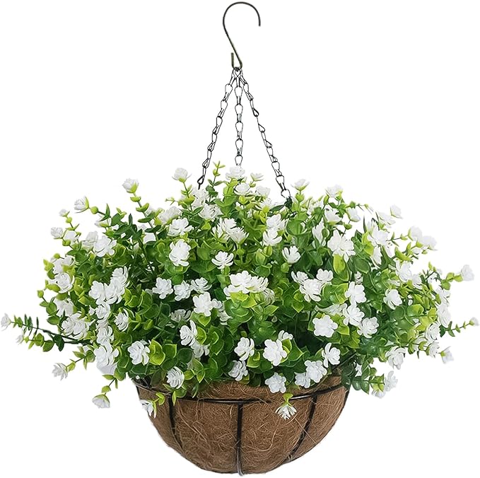 Artificial Hanging Plants Flowers with Basket 2 Packs, Artificial Hanging Flowers for Outdoors, Faux Hanging Plants Outdoor, White+Blue
