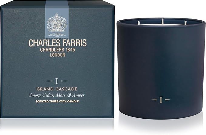 Charles Farris Luxury Scented Candle – 3 Wick, Hand-Poured, Long Lasting, Clean Burning, 640g / 22.5oz, Up to 80 Hours of Burn Time, Made in England – Smokey Cedar, Moss & Amber – Grand Cascade
