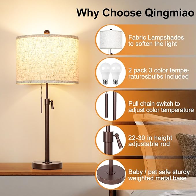 Table Lamps for Bedrooms Set of 2, 22" to 30" Height Adjustable Nightstand Lamps with Linen Shade, Pull Chain Switch Lamps for Living Room, 3 Way Dimmable Beside Lamp